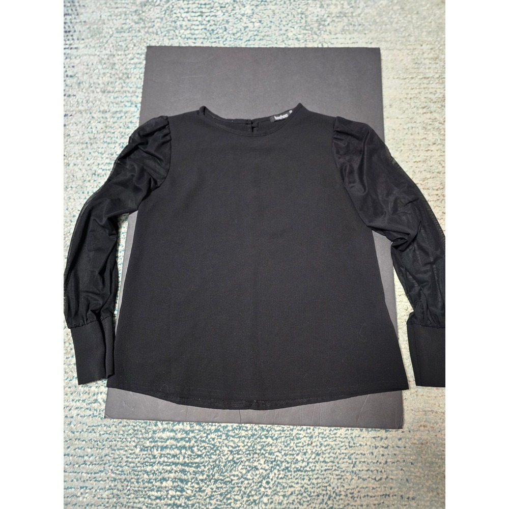 Black Long Sleeve Top Sheer Mesh Bishop Sleeve Blouse Elegant (A)